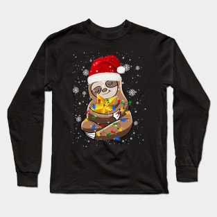 Cute Sloth In Santa Hat Christmas Lights Gift Long Sleeve T-Shirt